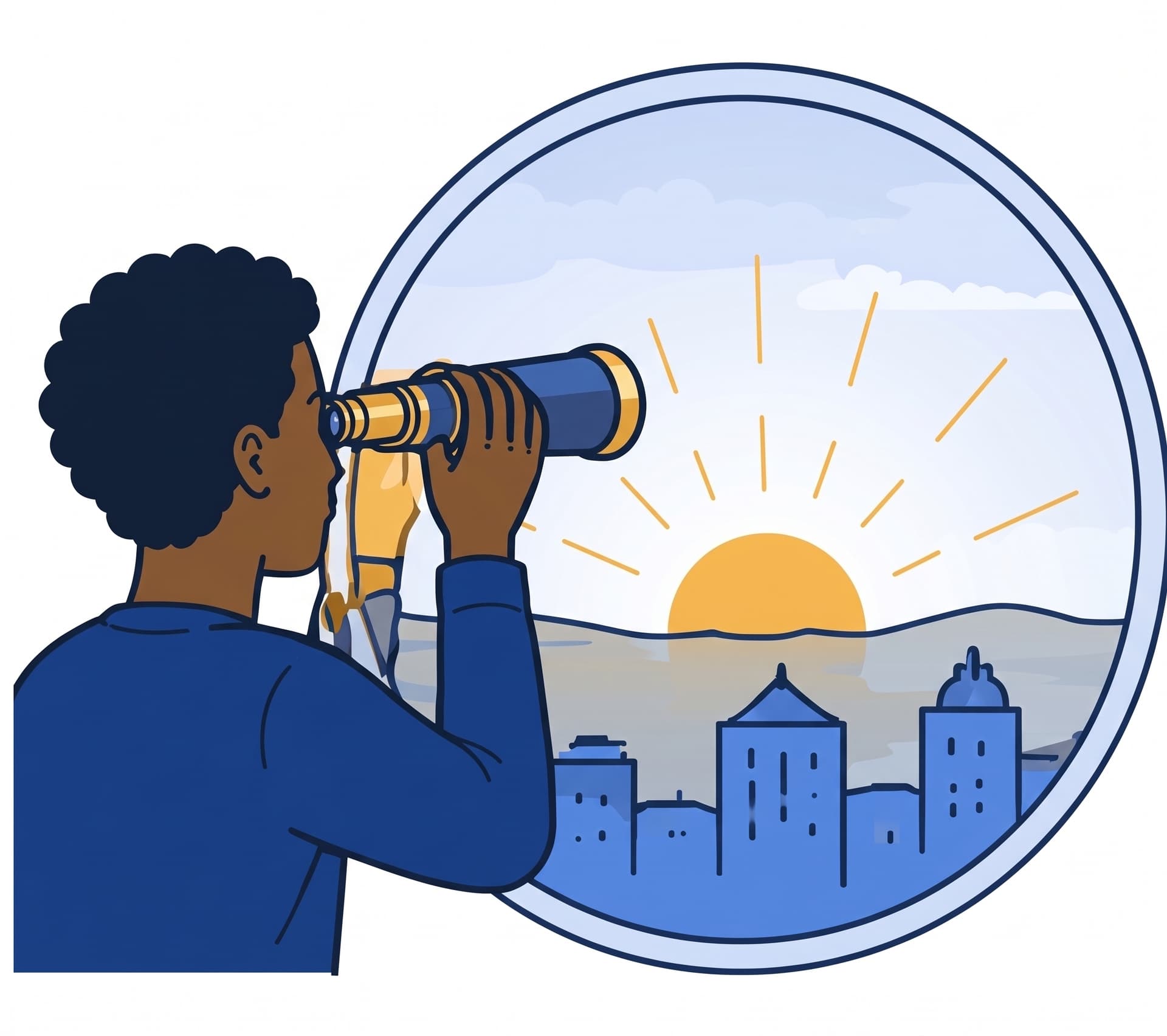 Looking out toward a city at sunrise through a telescope